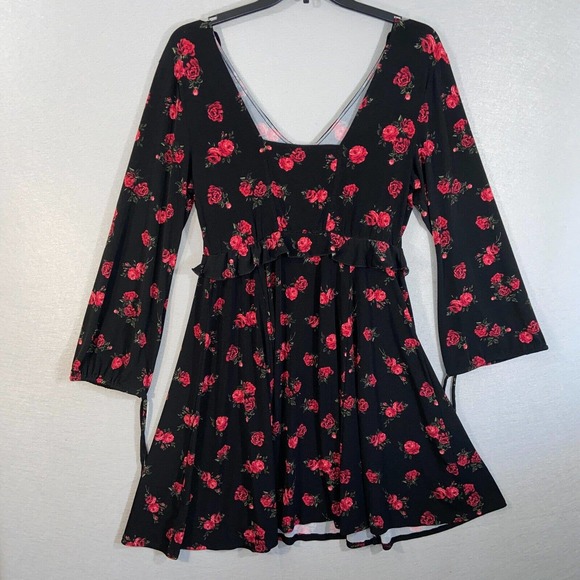 Torrid Dress Womens 0 Black Red Floral Ruffle V Neck Long Sleeve Casual - Picture 9 of 15